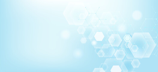 Health care or medical abstract background with hexagons, lines and dots. Scientific innovation banner template concept. Biology and pharmaceutical technology background. illustration.