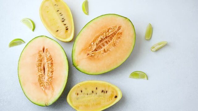Fresh cantaloupe melon halves and yellow melon slices with lime wedges on a white background