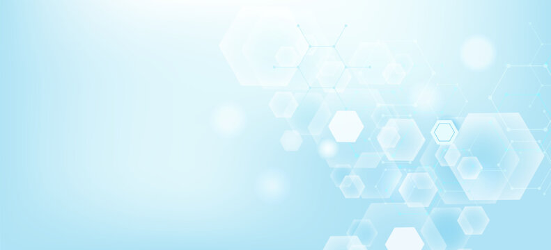 Health care or medical abstract background with hexagons, lines and dots. Scientific innovation banner template concept. Biology and pharmaceutical technology background. illustration.