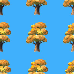 seamless pattern of autumn trees, poplar with yellow leaves on blue background. watercolor hand painted illustration