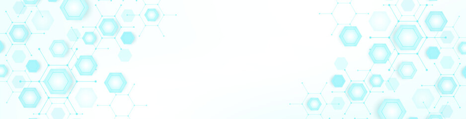 Health care or medical abstract background with hexagons, lines and dots. Scientific innovation banner template concept. Biology and pharmaceutical technology background. Vector illustration.