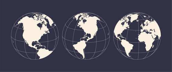 Globe, map, North South America. Earth globe with United States of America, USA. Europe, Asia, America, Oceania globe set. Map of America, USA Earth globe sign, symbol, circle. Vector Illustration © foxysgraphic
