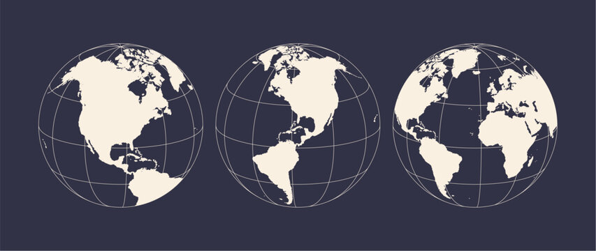 Globe, map, North South America. Earth globe with United States of America, USA. Europe, Asia, America, Oceania globe set. Map of America, USA Earth globe sign, symbol, circle. Vector Illustration