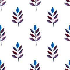 seamless pattern of blue purple turquoise leaves, hand drawn watercolor elements, isolated on white background