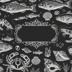 Vintage Seafood Illustration With Decorative Frame and Marine Life on Chalkboard.png