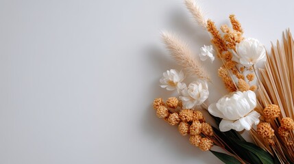 Fototapeta premium Beautiful arrangement of dried flowers and greenery on a neutral background showcasing texture and elegance for home decor or floral design projects