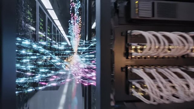 Dynamic visual representation of data flowing through a modern data center showcasing illuminated server racks and network connections amidst a futuristic technology backdrop.