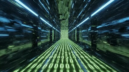 Futuristic digital tunnel with glowing green binary code and dynamic blue lights creating a captivating atmosphere of technology and innovation in a virtual space. - Powered by Adobe