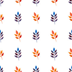 seamless pattern of orange, blue turquoise leaves, hand drawn watercolor elements, isolated on white background