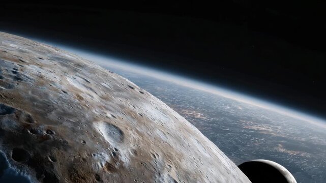 Abstract visualization of the lunar surface overlaid with resource maps, highlighting water ice detection, lunar mining potential, and space economy concepts. cinematic color correction, natural
