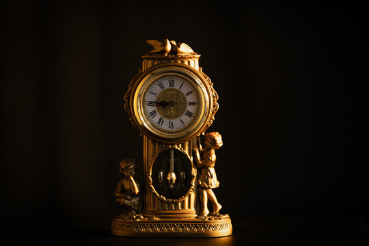 A close-up shot of an antique golden clock with Roman numerals on its face, adorned with two cherub-like figures on its base. 