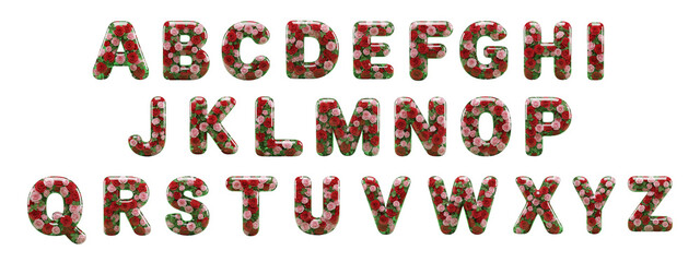 Naklejka premium Set of 3D Glossy Glass Alphabet Letters Filled with Red and Pink Roses
