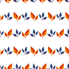 seamless pattern of orange, blue turquoise leaves, hand drawn watercolor elements, isolated on white background