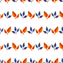 seamless pattern of orange, blue turquoise leaves, hand drawn watercolor elements, isolated on white background