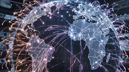Intricate digital world map visualization showcasing connections and data flow across continents, emphasizing global networking and technology interactions in vibrant colors. - Powered by Adobe