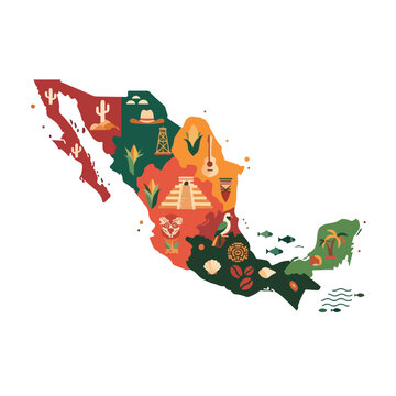A colorful illustration of Mexico with cultural icons
