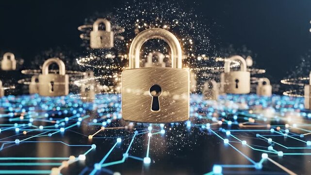 Golden padlocks surrounded by data connections symbolize digital security and cybersecurity, emphasizing online safety and protection of information in modern technology.