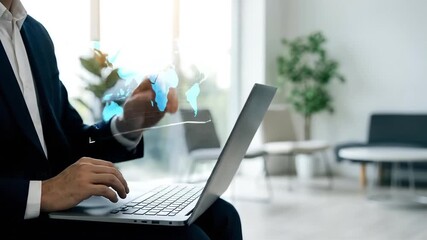 Business professional analyzing global data trends on laptop for strategic decision making, fostering innovation and market growth in the digital age. - Powered by Adobe