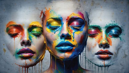 Obraz premium An artistic depiction of three colorful faces with paint drips, conveying emotion and creativity through vibrant hues.