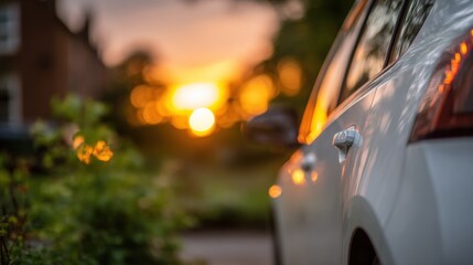 Naklejka premium Car parked near sunset with natural light in the background