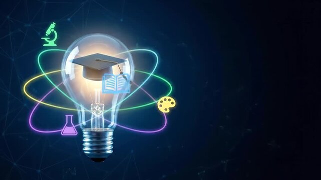 Education concept illustration Light bulb with graduation cap, book, microscope, palette and beaker surrounded by atom orbits.