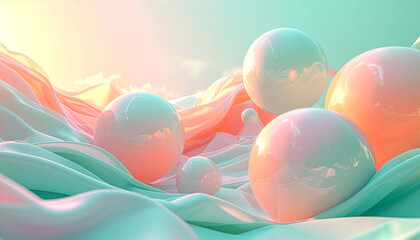 Glossy translucent pastel spheres on flowing fabric surface with soft sky and dreamy atmosphere