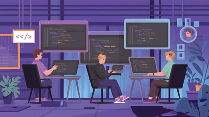 Three people coding on laptops in a purple-themed office with large screens and plants, programmers 