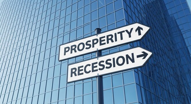 Directional signs indicating prosperity and recession in front of a modern glass building - Powered by Adobe