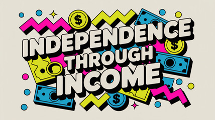 "Independence Through Income" text with retro comic style money icons and vibrant geometric patterns