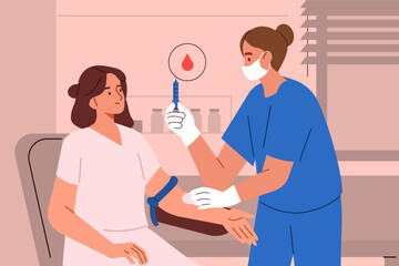 Nurse in medial laboratory collect blood sample from patients vein. Blood test procedure, diagnostic, preventive medicine concept. Vector illustration.
