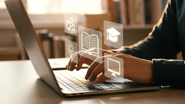 Online learning concept with person typing on laptop surrounded by education icons representing knowledge and technology
