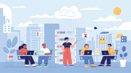 Group of people working with servers and laptops in a modern office setting design