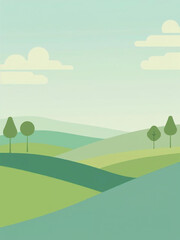 Fototapeta premium Minimal flat nature background illustration with stylized hills, trees and sky, simple geometric shapes, soft pastel color palette