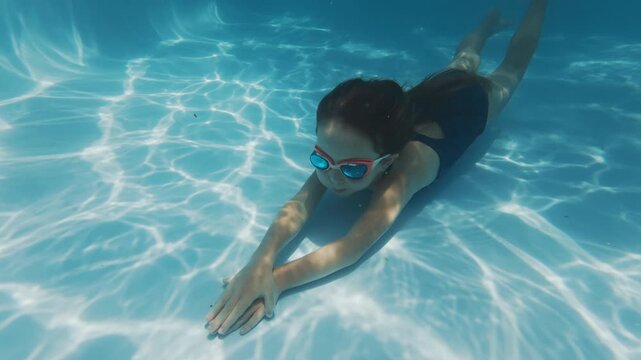 Girl swims underwater in the pool. Pre teen girl feels herself comfortable and relaxed underwater. Little girl dives and swims in the pool