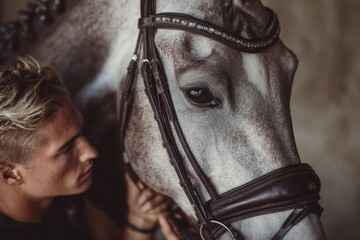 Equestrian athlete adjusting horse bridle before training session in outdoor arena, preparation and focus capturing discipline and dedication. Horseback riding education and learning content materials