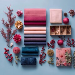 Festive decorations colorful fabrics and handcrafted elements arranged neatly on clean background surface, perfect for holiday design editorial and seasonal celebration concept.