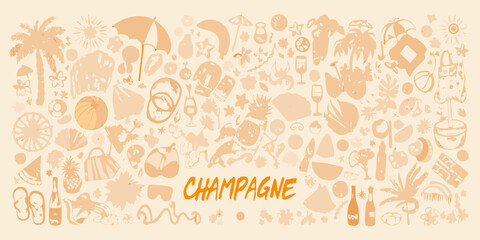 A summer themed doodle collection featuring beach items and champagne © MSTShikha