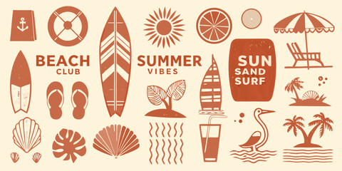 A collection of summer themed illustrations depicting beach and ocean elements © MSTShikha