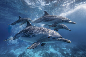 Fototapeta premium Group of dolphins gliding beneath ocean surface in clear blue water, showing their sleek bodies and playful movement in natural underwater environment