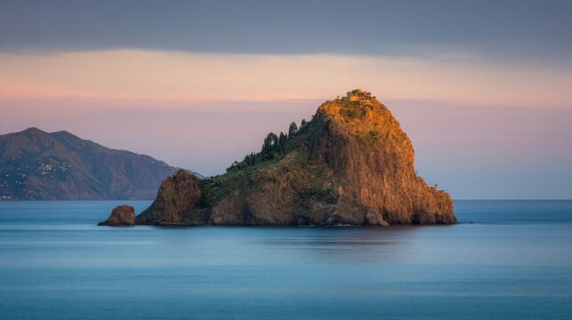 A rugged island with lush vegetation and scattered structures emerges from the calm sea under a warm, colorful sky. - Powered by Adobe