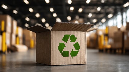 Eco friendly cardboard box with clear recycling symbol inside modern warehouse facility. Sustainable packaging and responsible waste management perfect for green supply chain and circular economy.
