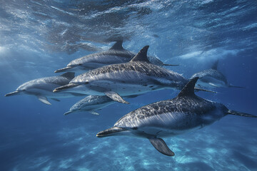 Fototapeta premium Group of dolphins gliding together beneath sea surface in clear blue water, showing their sleek bodies and dynamic movement in ocean environment