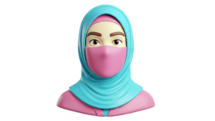 3D Cartoon Muslim Woman Wearing Hijab and Face Mask