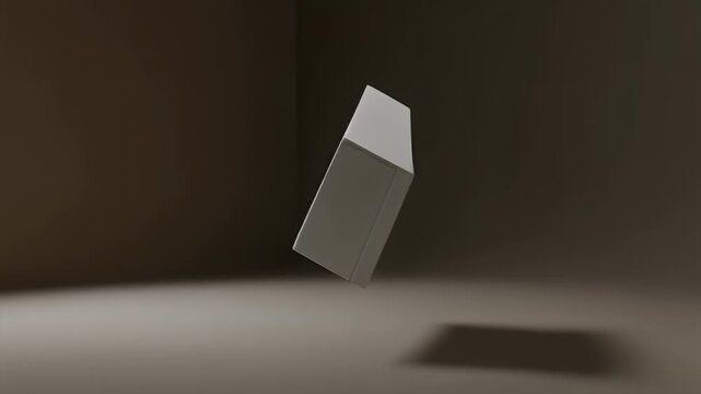 A geometric abstract composition featuring a floating rectangular object casting a shadow against a gradient, sepia background