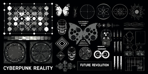 Abstract cyberpunk designs featuring butterflies geometric shapes and futuristic elements