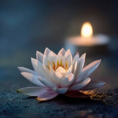 Lotus flower petals and glowing candle flame symbolizing enlightenment and spiritual purity concept, perfect for spiritual symbolism mindfulness and Zen contemplation imagery materials.