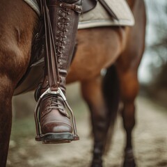 Riding boots and stirrup on horse showing stability and control concept, equestrian equipment closeup perfect for training skill development visuals and horseback riding instruction materials.