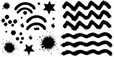 Abstract black ink shapes and patterns on a white background