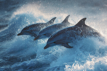 Fototapeta premium Three dolphins jumping above rough ocean waves with water splashing dynamically, showcasing marine life energy and natural aquatic movement in vibrant blue seascape