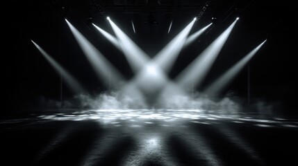 Dark empty club stage with powerful spotlights crossing in X formation, subtle smoke particles and glowing floor reflections, perfect for nightlife teaser and event announcement concept.